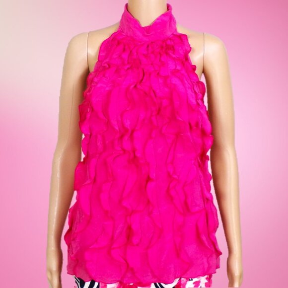 SILK! BCBGMAXAZRIA size XXS fuchsia sleevelesss frilly backless top 100% silk - Picture 1 of 14